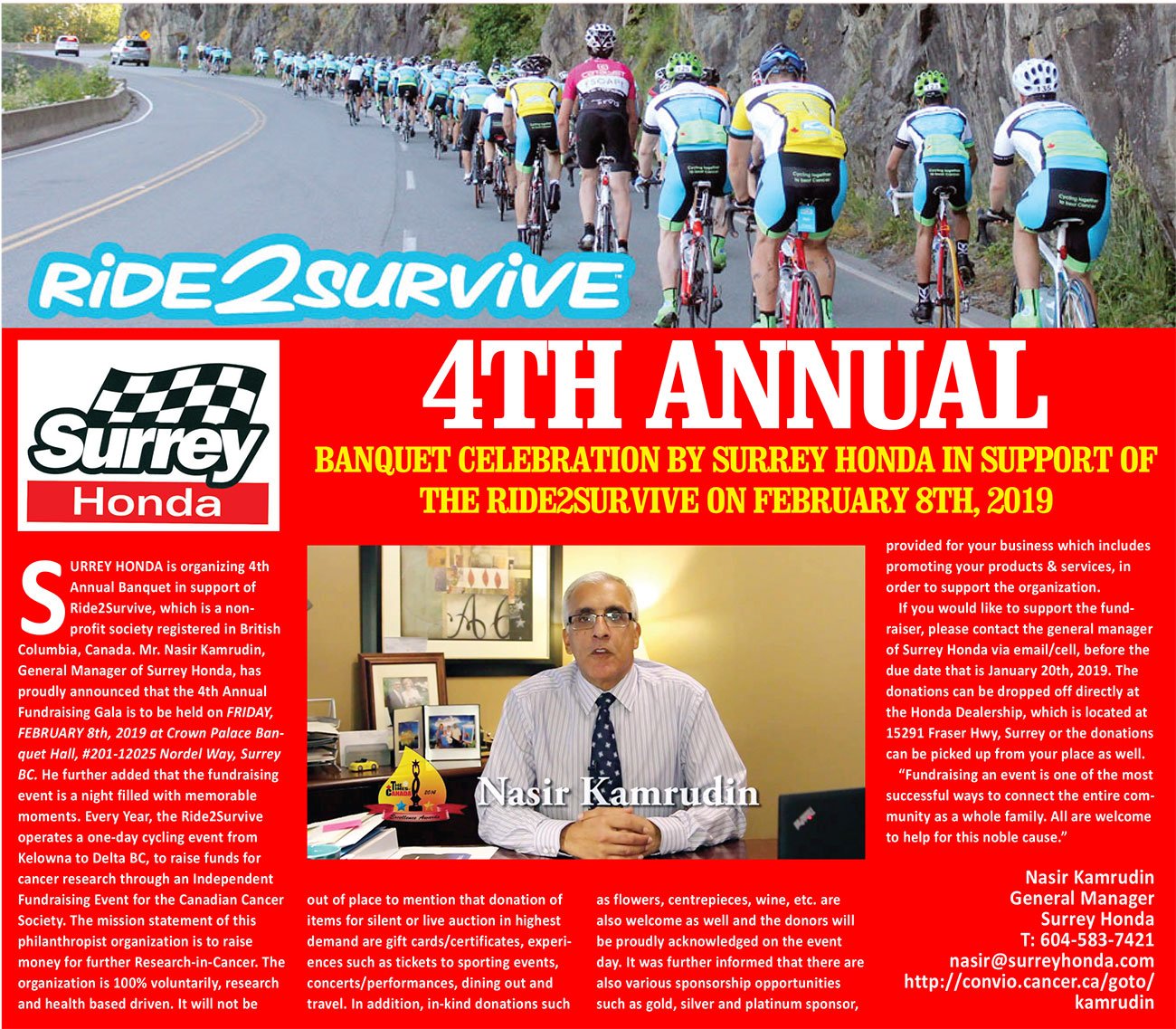 4TH ANNUAL BANQUET CELEBRATION BY SURREY HONDA IN SUPPORT OF THE RIDE2SURVIVE ON FEBRUARY 8TH, 2019