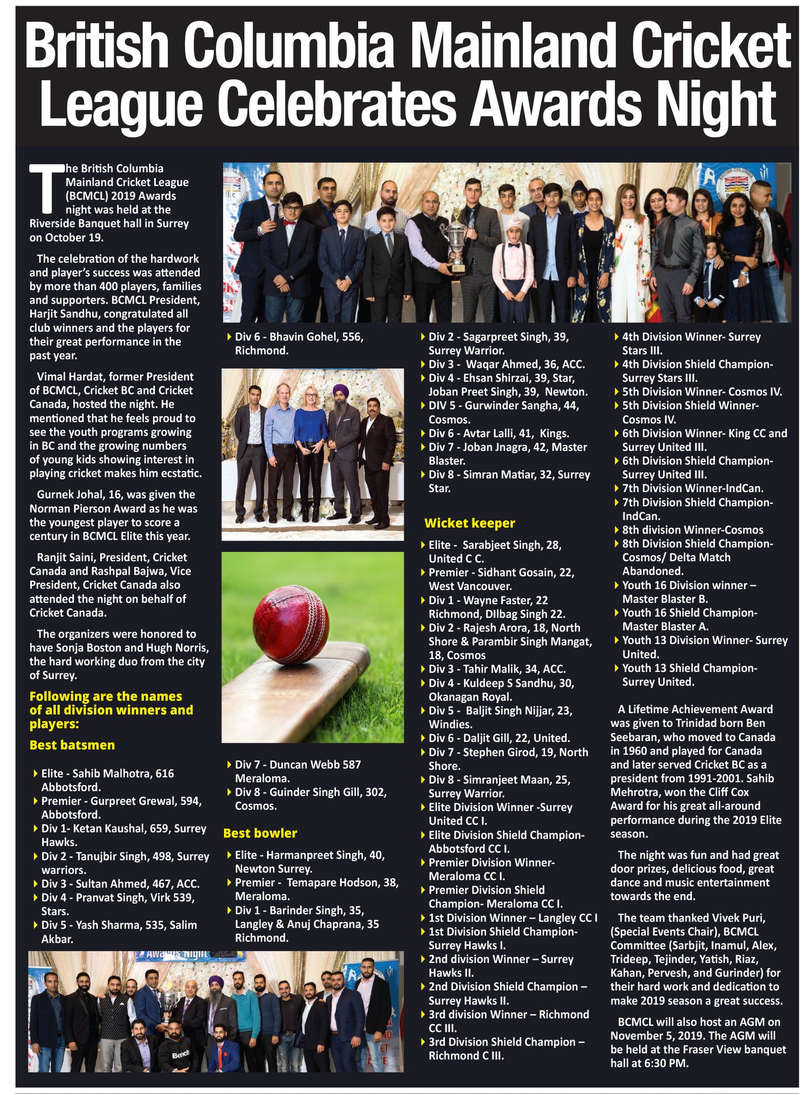 British Columbia Mainland Cricket League Celebrates Awards Night