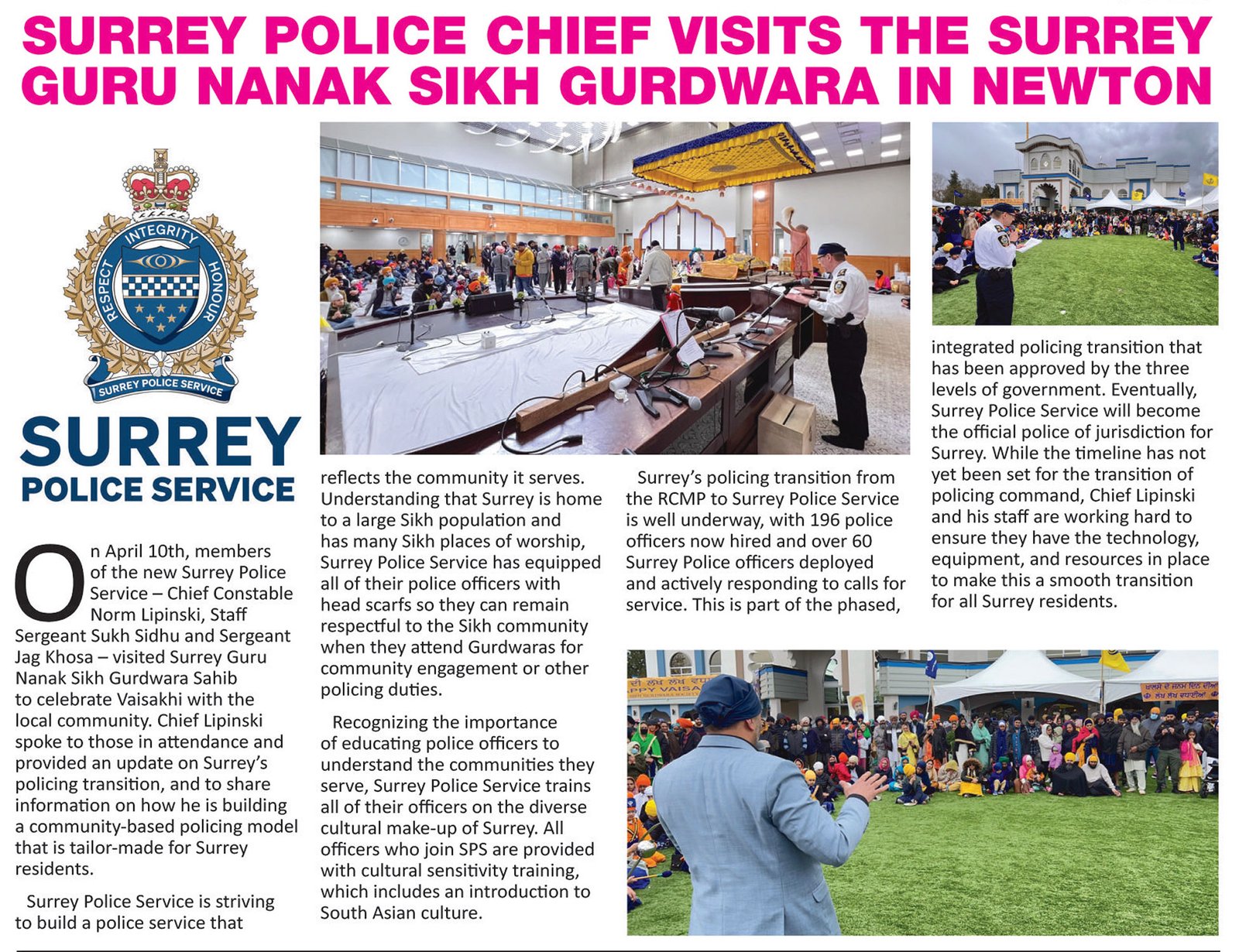 Surrey Police Chief Visits the Surrey Guru Nanak Sikh Gurdwara in Newton